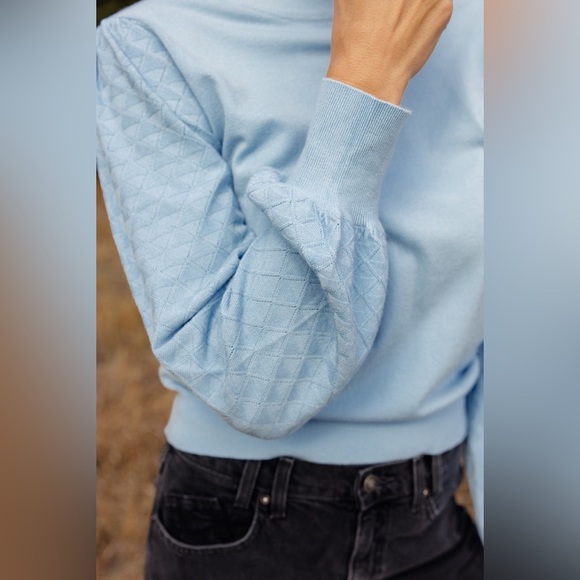 ROOLEE The Willis Textured Sweater Medium Blue soft lightweight puff sleeve - Picture 2 of 14